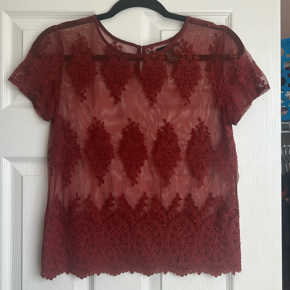 Forever 21 Sheer Lace Embroidered Short-Sleeve Top - Rust
